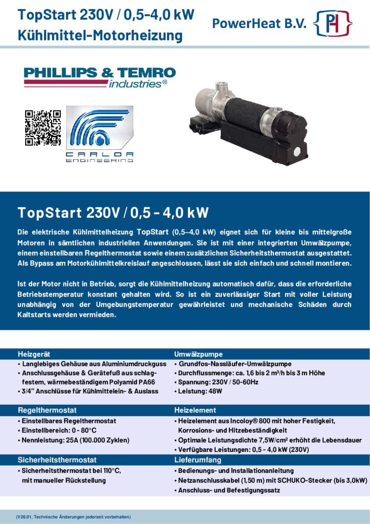 PowerHeat PTI TopStart Elektrische Kühlmittel-Motorheizung 0,5 – 4,0 kW – Datenblatt (PDF)