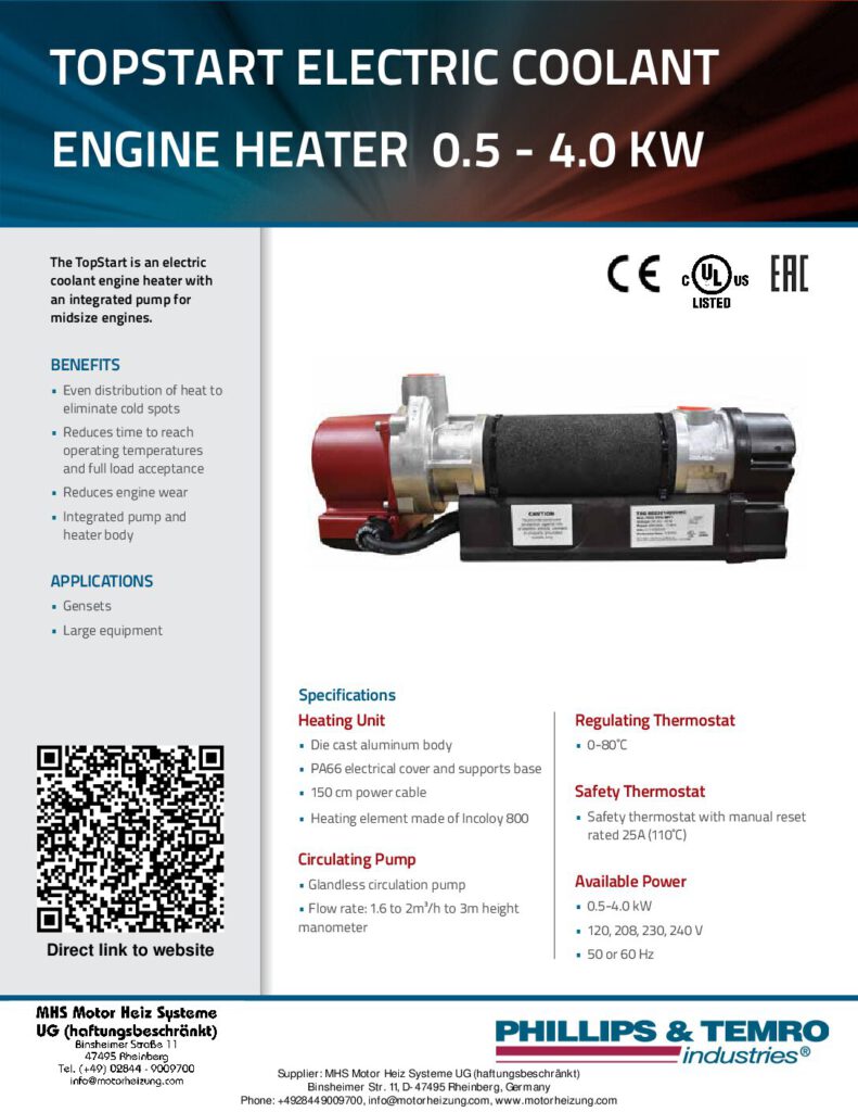 PTI TopStart TSG (TSW) Electric Coolant Engine Heater 0.5KW – 4.0kW – Data sheet (PDF)