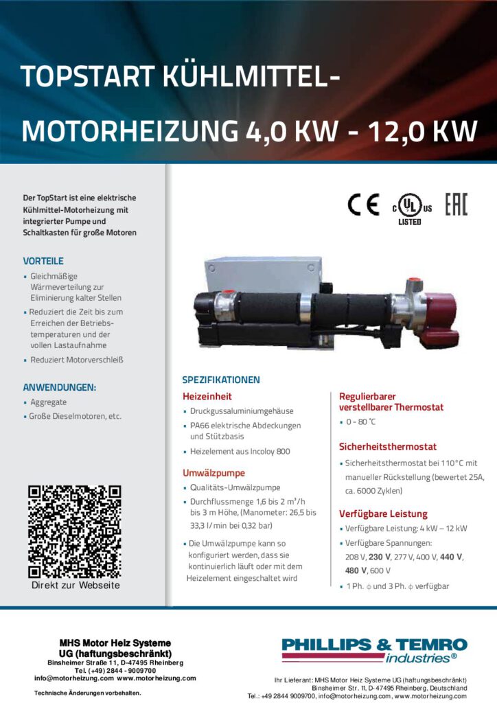 PTI TopStart TSG (TSW) Kühlmittel-Motorheizung 4,0 – 12,0 kW – Datenblatt (PDF)