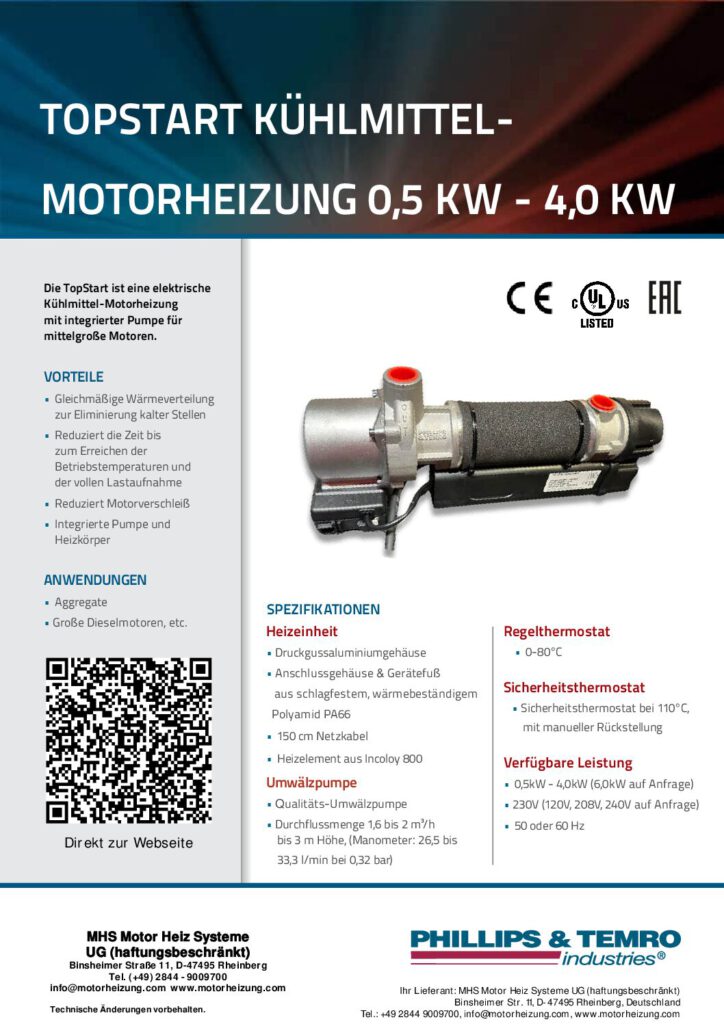 PTI TopStart TSG (TSW) Elektrische Kühlmittel-Motorheizung 0,5 – 4,0 kW – Datenblatt (PDF)