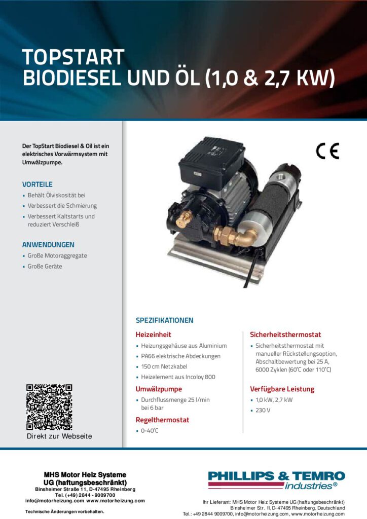 PTI TopStart Biodiesel Öl Vorwärmsystem 1,0 – 2,7 kW – Datenblatt (PDF)