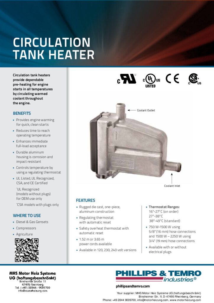 PTI ZeroStart Circulation-Tank Heater 0.5 – 2.25 kW – Data sheet (PDF)