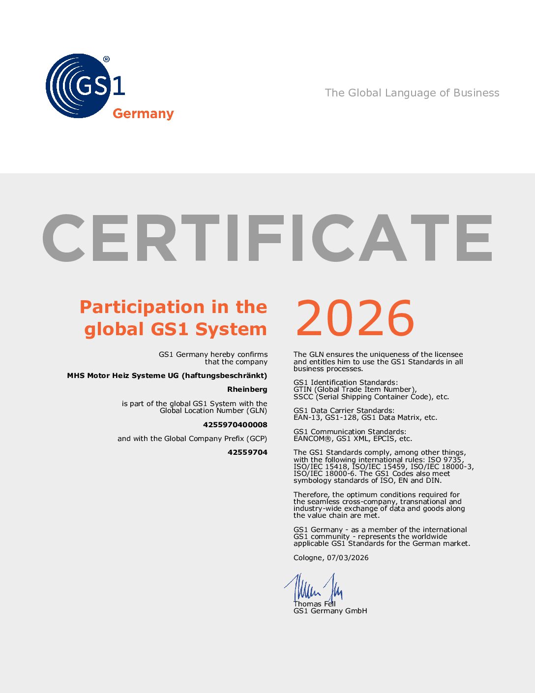 Certificate GS1 System 2026 MHS Motor Heiz Systeme UG