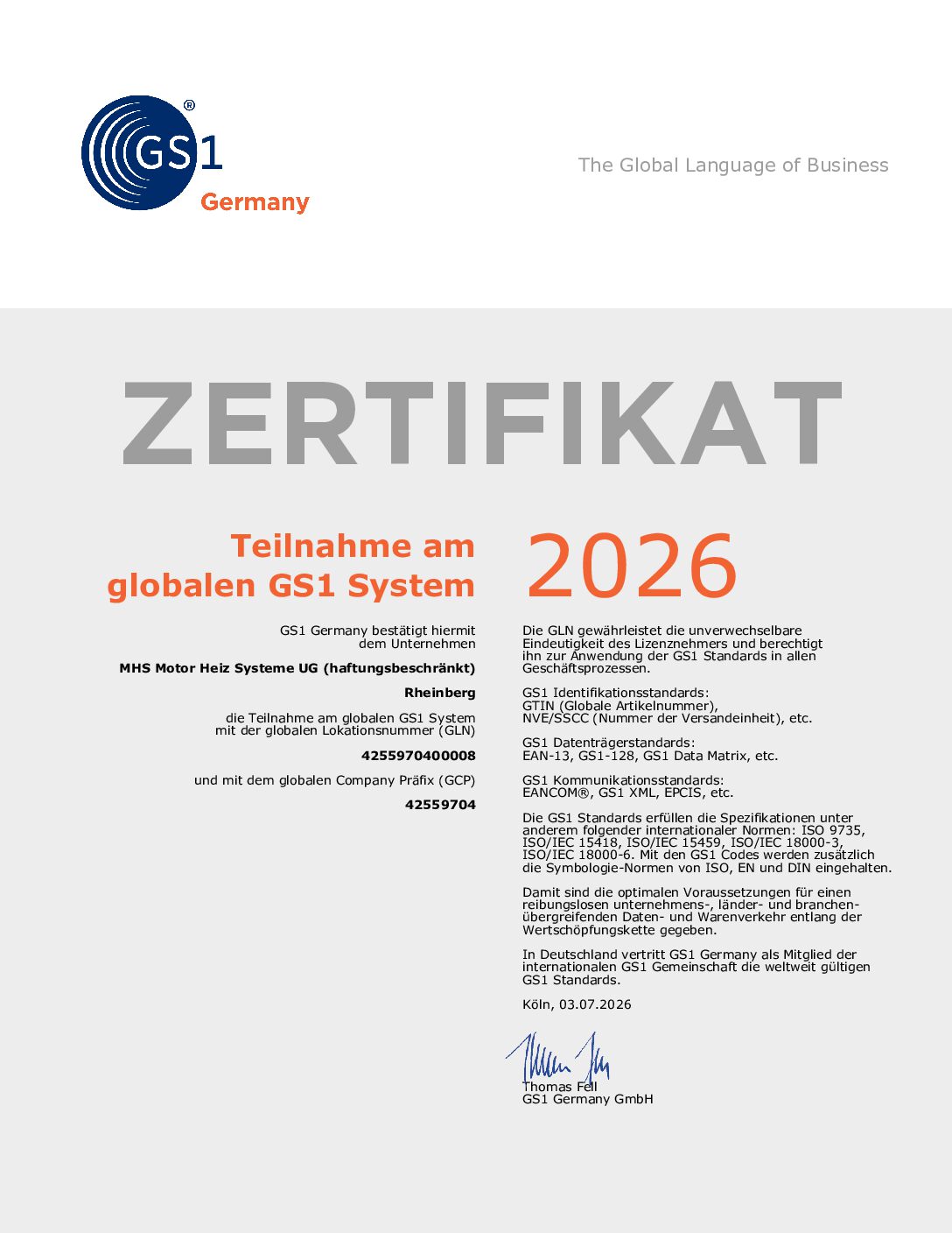 Zertifikat GS1 System 2026 MHS Motor Heiz Systeme UG